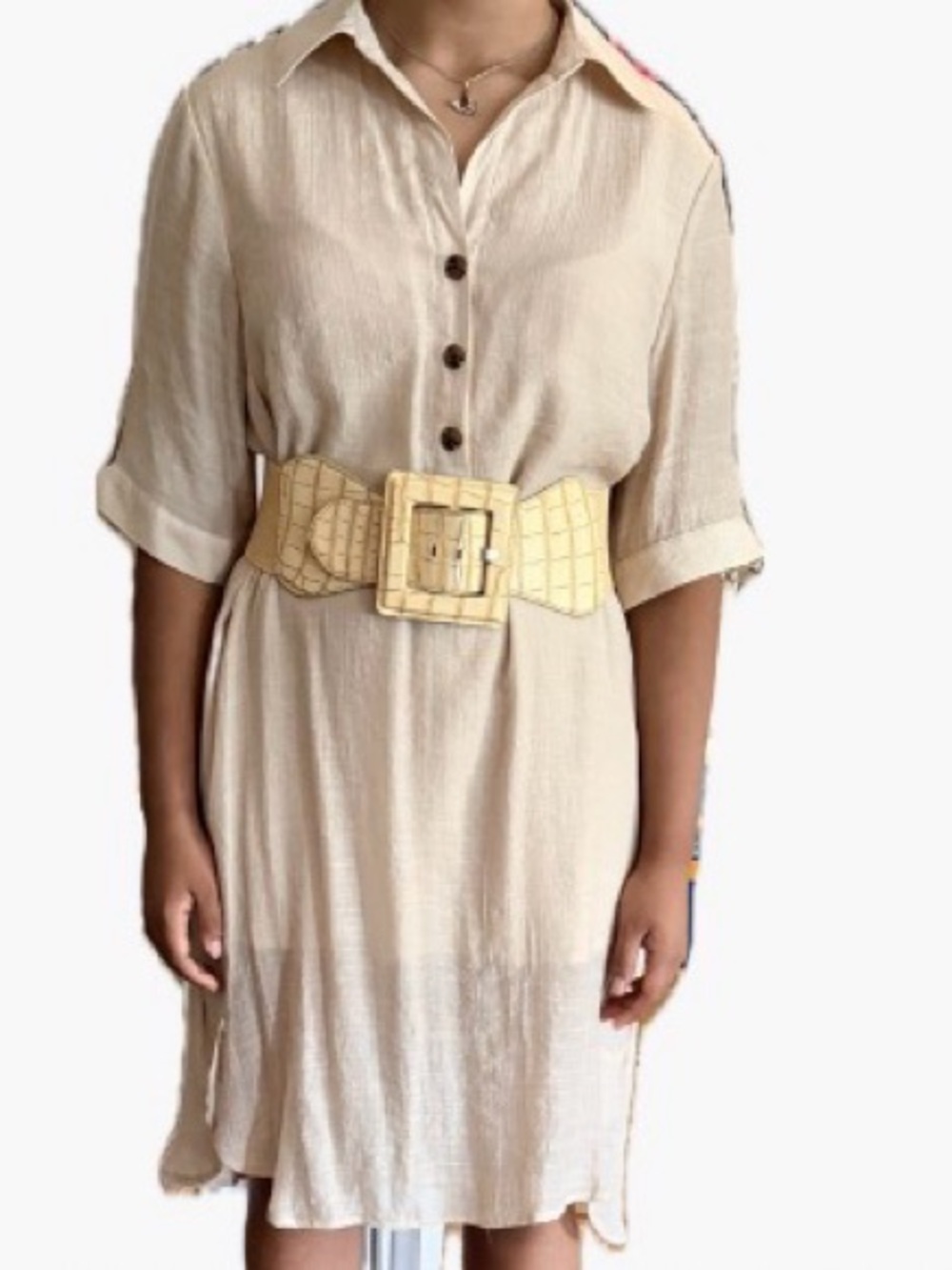 Linen blend neutral  dress with  button detail. Dress has attached liner.